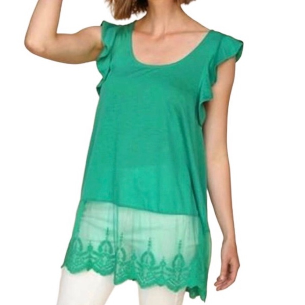 Umgee ruffle sleeves top sheer embroidered hem women’s Size Small